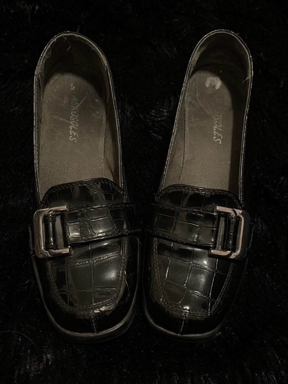 Women's Black Croc-Embossed Loafers with Buckle Accent